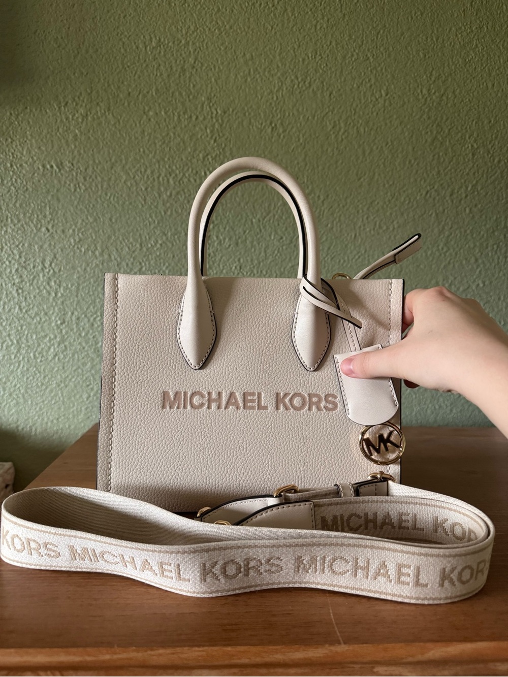 Michael Kors Cream Pebbled Leather Crossbody with Logo Strap